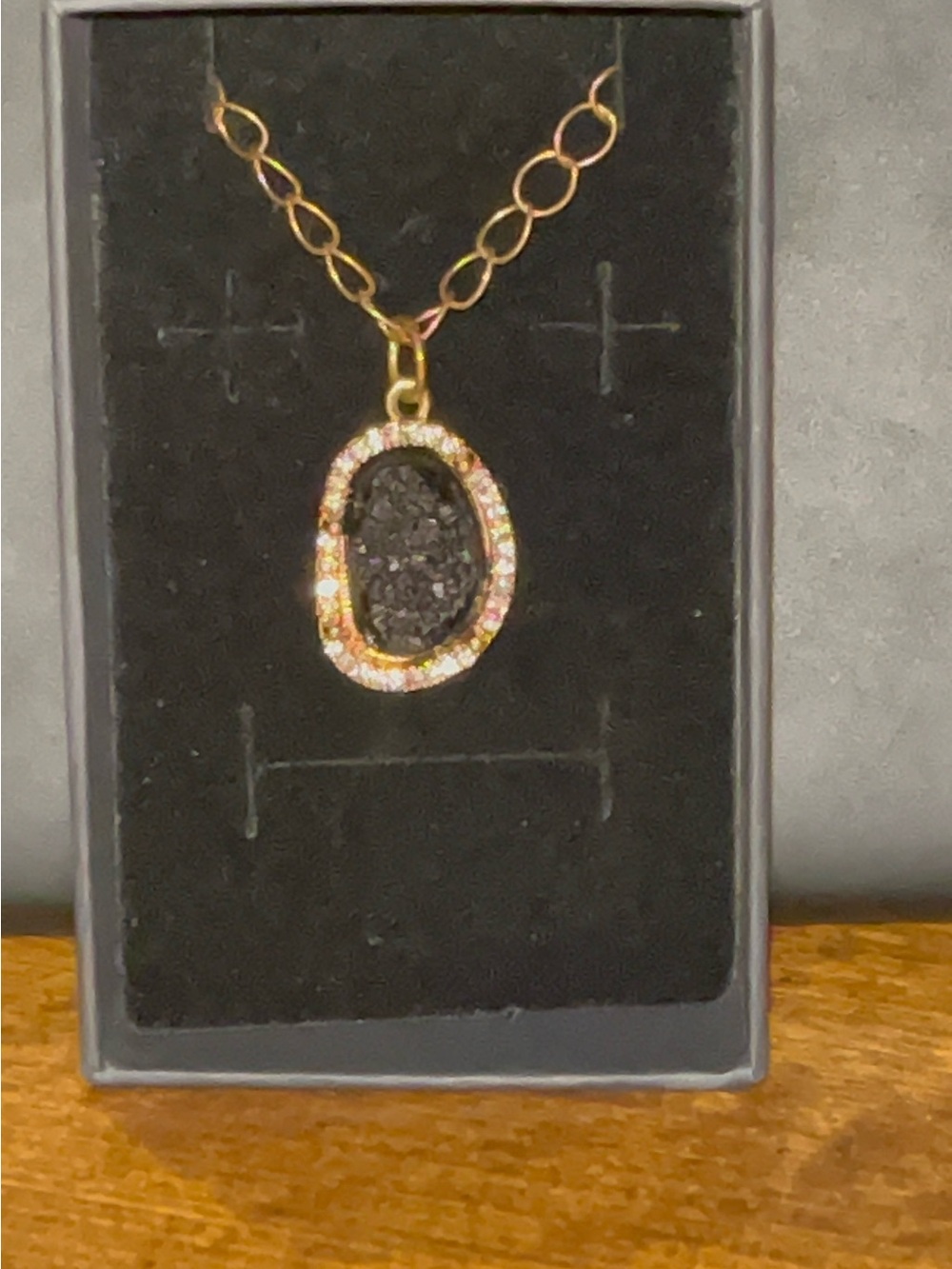 Gold-Tone Black Druzy Pendant Necklace with Crystal Accent